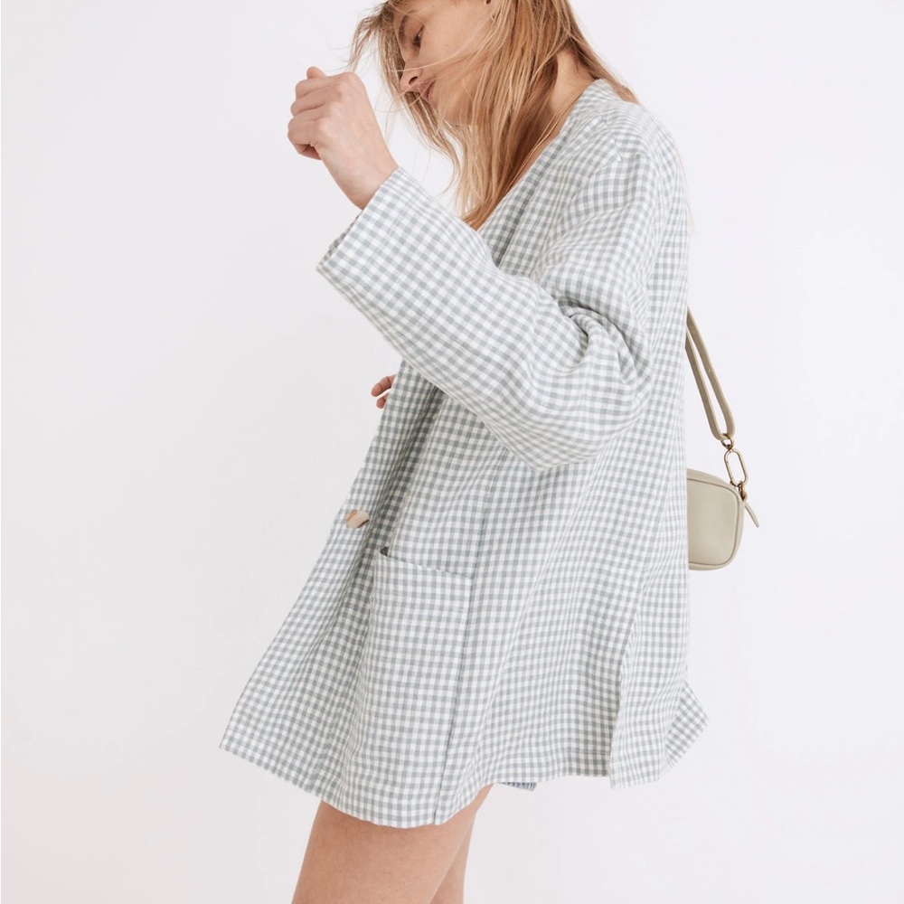Madewell Linen Collarless Blazer in Gingham Check Checkered S Loose Fit